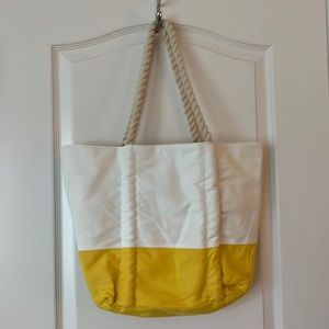Neiman Marcus Summer Canvas Tote Lined in Yellow and Off White
